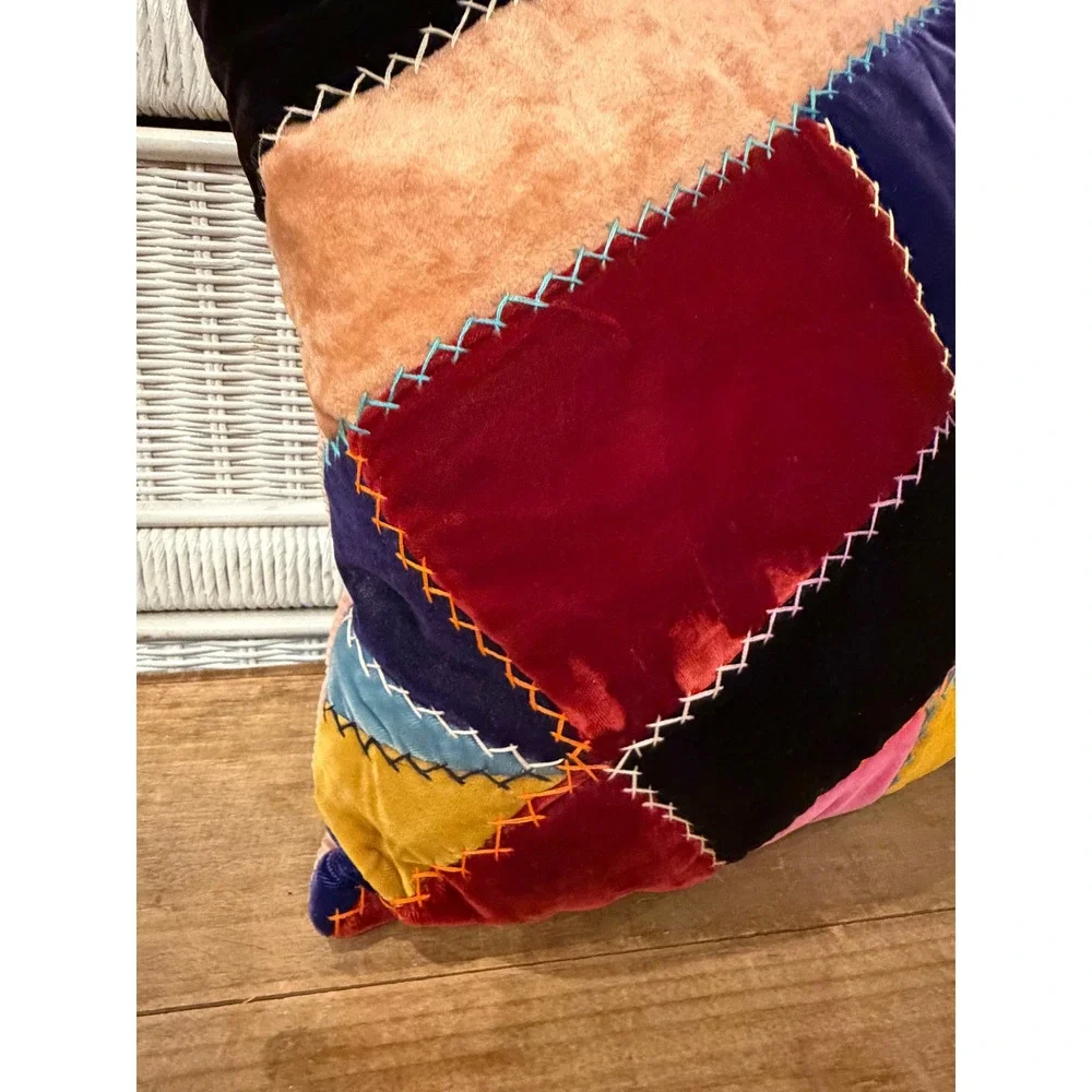 Bohemian Velvet Patchwork Throw Pillow Crazy Quilt Jewel Tone Cross Stitch 12x12